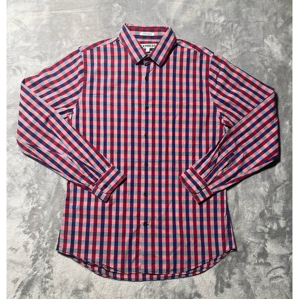Express Extra Slim Fit Checkered 100% Cotton Men’s Large Button Up Long Sleeves